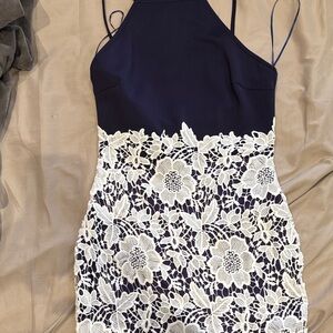 Boohoo Navy Dress with White Lace Overlay